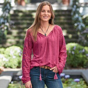 Sundance Catalog Blossoms Embroidered Top Sz M Peony